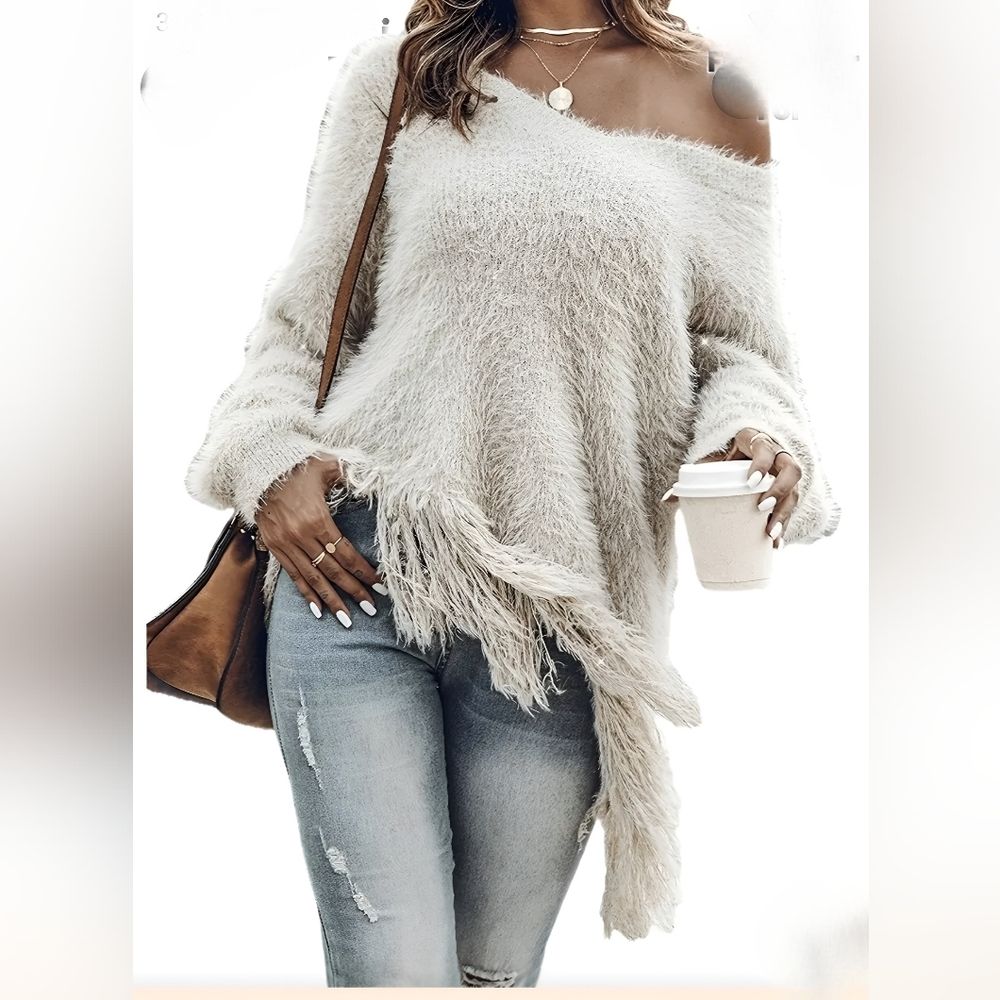 Cozy Off-Shoulder Fuzzy Fringe Sweater - Cream
